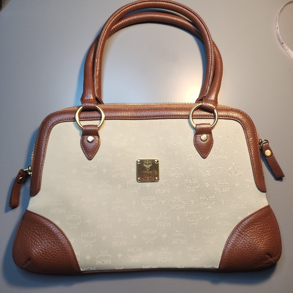 Vintage Authentic MCM Canvas Shoulder Bag Mint Green Pastel Like New